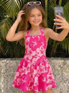 Girls' Pink Floral Halter Dress
